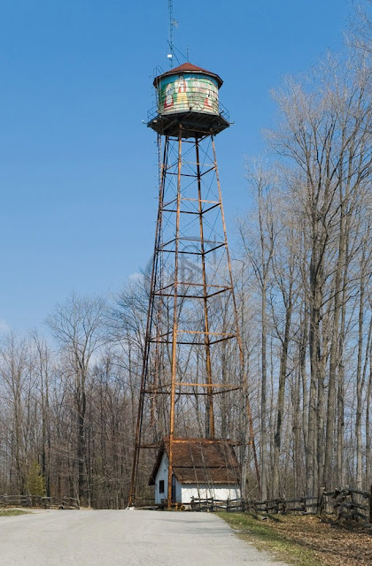 the water tower at Heidis campground painted with an image of Heidi and the alps