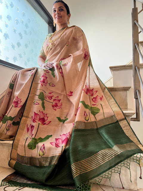 Pichwai digital print Chanderi sarees with Tussar pallu with sandalwood colour body