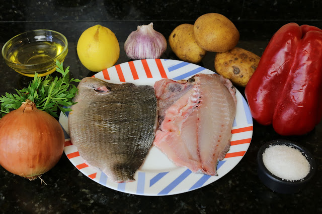 Ingredientes para sargo con verduras al horno