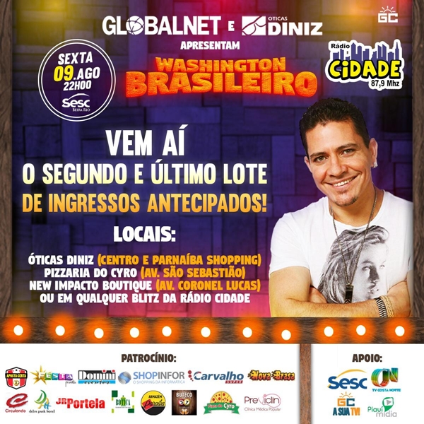 Rádio Cidade realizará festa de 4 anos com Washington Brasileiro em Parnaíba-PI