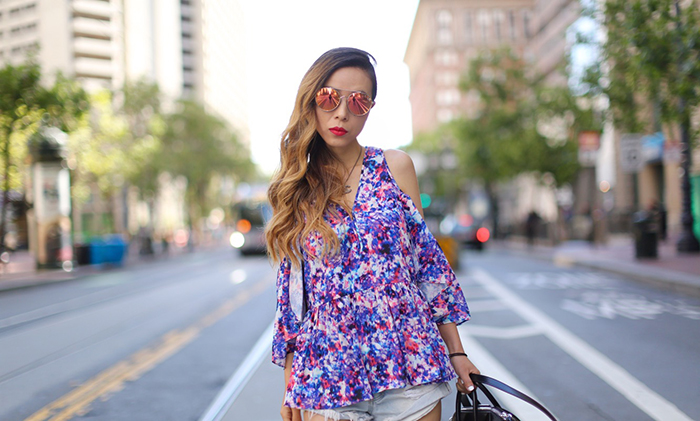 rebecca minkoff gabby top, floral off shoulder top, one teaspoon shorts, jeffrey campbell wedge sandals, givenchy antigona, quay sunglasses, chanel necklace, san francisco street style, san francisco market street, nordstrom anniversary sale, nordstrom anniversary sale early access, the best sales