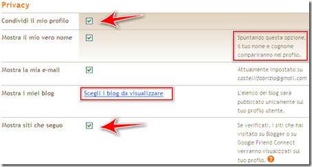 come mostrare condividere email blog profilo blogger