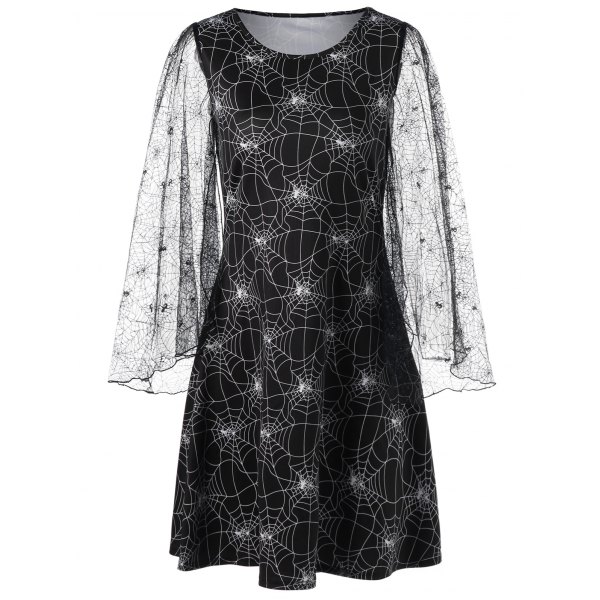 Halloween Lace Sleeve Spider Web Print Dress