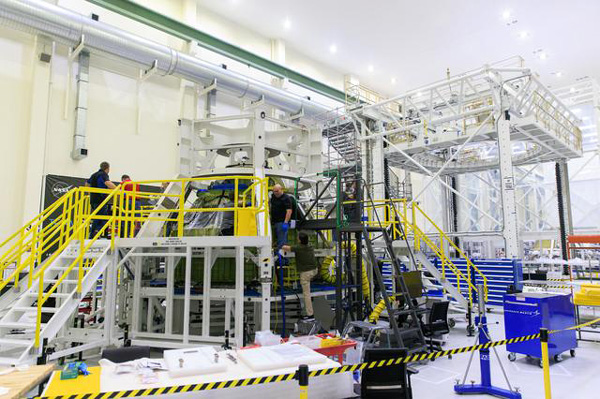 The Orion crew module that will fly on Artemis 4 undergoes construction inside the Neil A. Armstrong Operations and Checkout Building at NASA's Kennedy Space Center in Florida...on May 26, 2023.