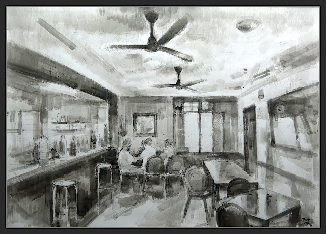 DIBUJO-RESTAURANTE-PEÑARROYA DE TASTAVINS-INTERIORES-CAFETERIAS-DIBUJOS-TINTAS-ARTISTA-PINTOR-DIBUJANTE-ERNEST DESCALS