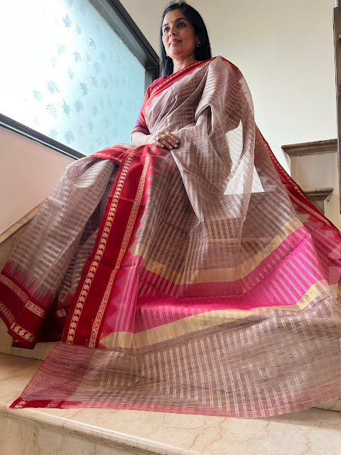 Gold and red Kanchee cotton saree