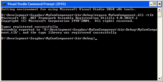 Visual Studio Command Prompt shown registering the assembly for COM Interop using the regasm command.