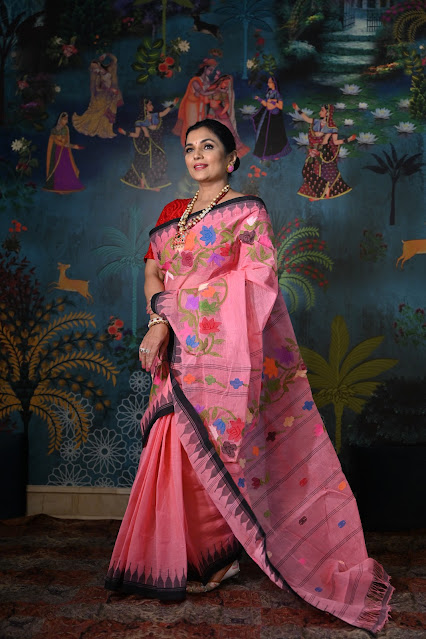 Pink cotton moirang phee with jamdani floral motifs