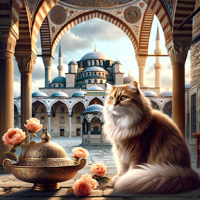 Un gato Angora en un entorno histórico turco, simbolizando su origen en Ankara, Turquía, con elementos arquitectónicos otomanos de fondo