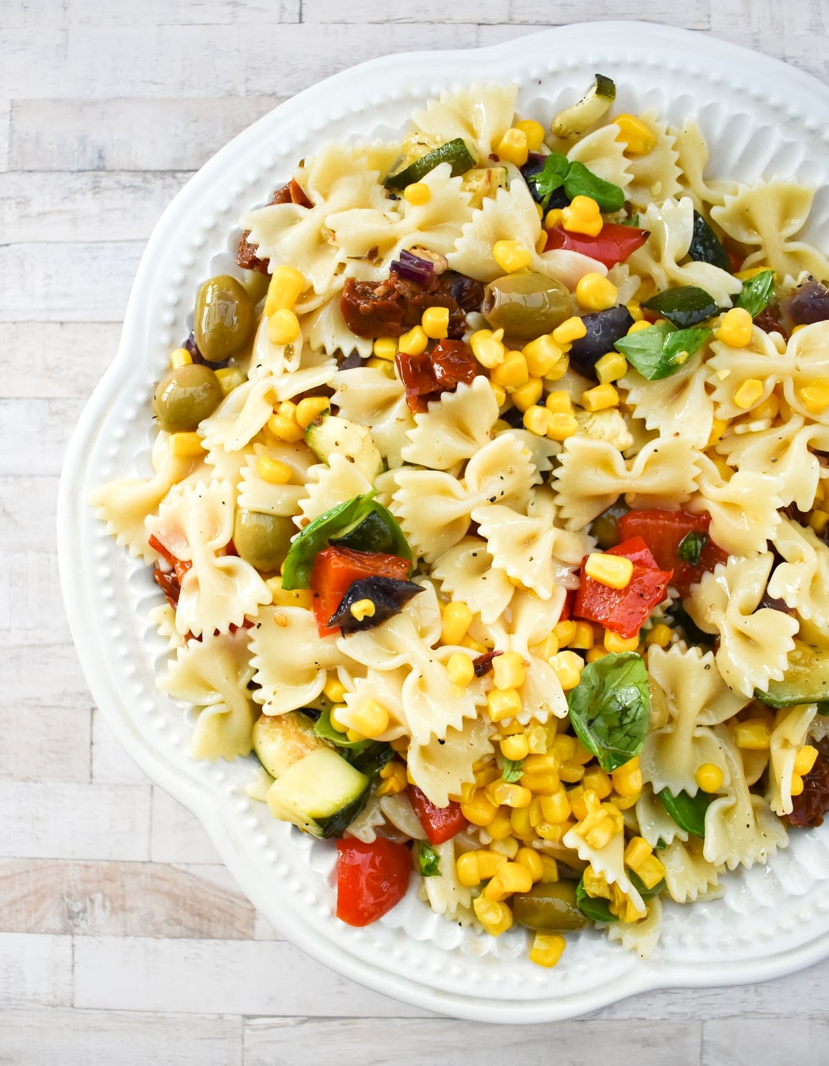 roasted vegetable pasta salad with corn.