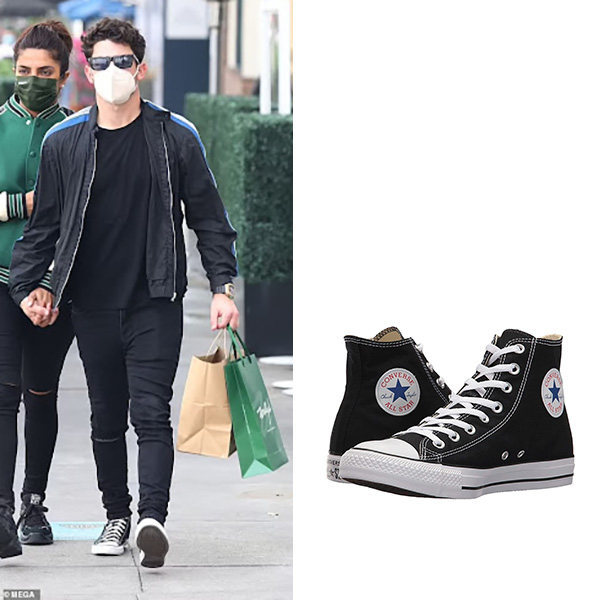Nick Jonas wearing Converse Chuck Taylor All Star Hi sneakers in Los Angeles on November 1, 2021