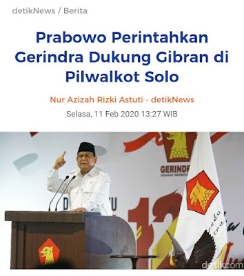 Prabowo Perintahkan Gerindra Untuk Mendukung Anak Jokowi Gibran Rakabumi Untuk Menjadi Walikota Solo