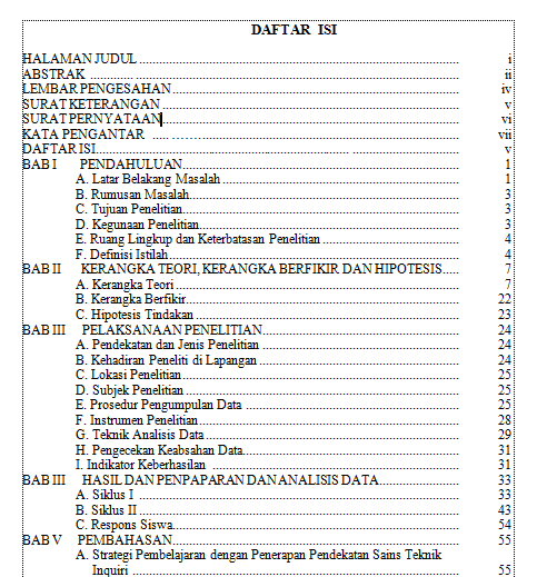 daftar isi Karya Tulis Ilmiah Penetitian Tindakan Kelas