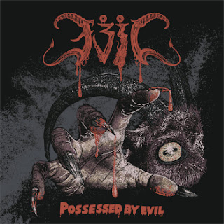 A close up of a malevolent goat demon reaching out as if to grab the viewer. Only one sinister caprine eye can be seen, and the fiend's claws drip with blood. Evil's logo above. Dark, shadowy background. Album title ("Possessed by Evil") in gory red letters below.