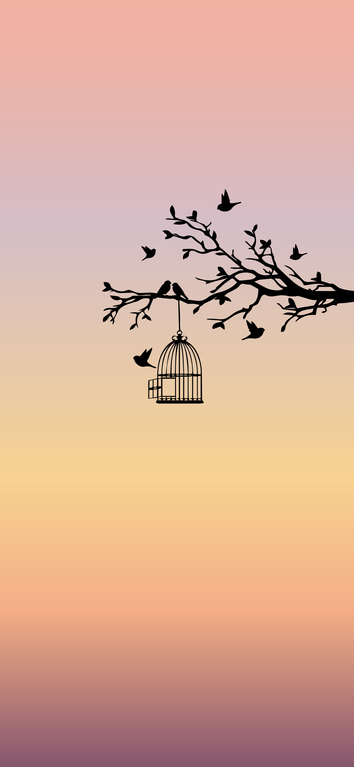 Silhouette of a tree branch with an open birdcage and birds flying away into a pastel sunset sky, symbolizing freedom.