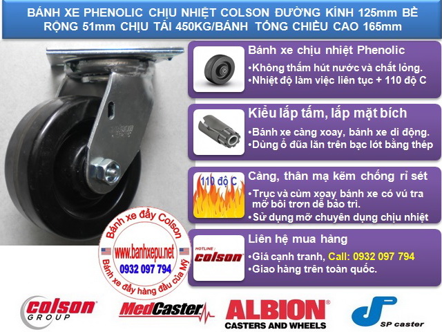 Bánh xe Phenolic chịu nhiệt càng xoay 5 inch Colson Mỹ | 4-5109-339 www.banhxeday.xyz