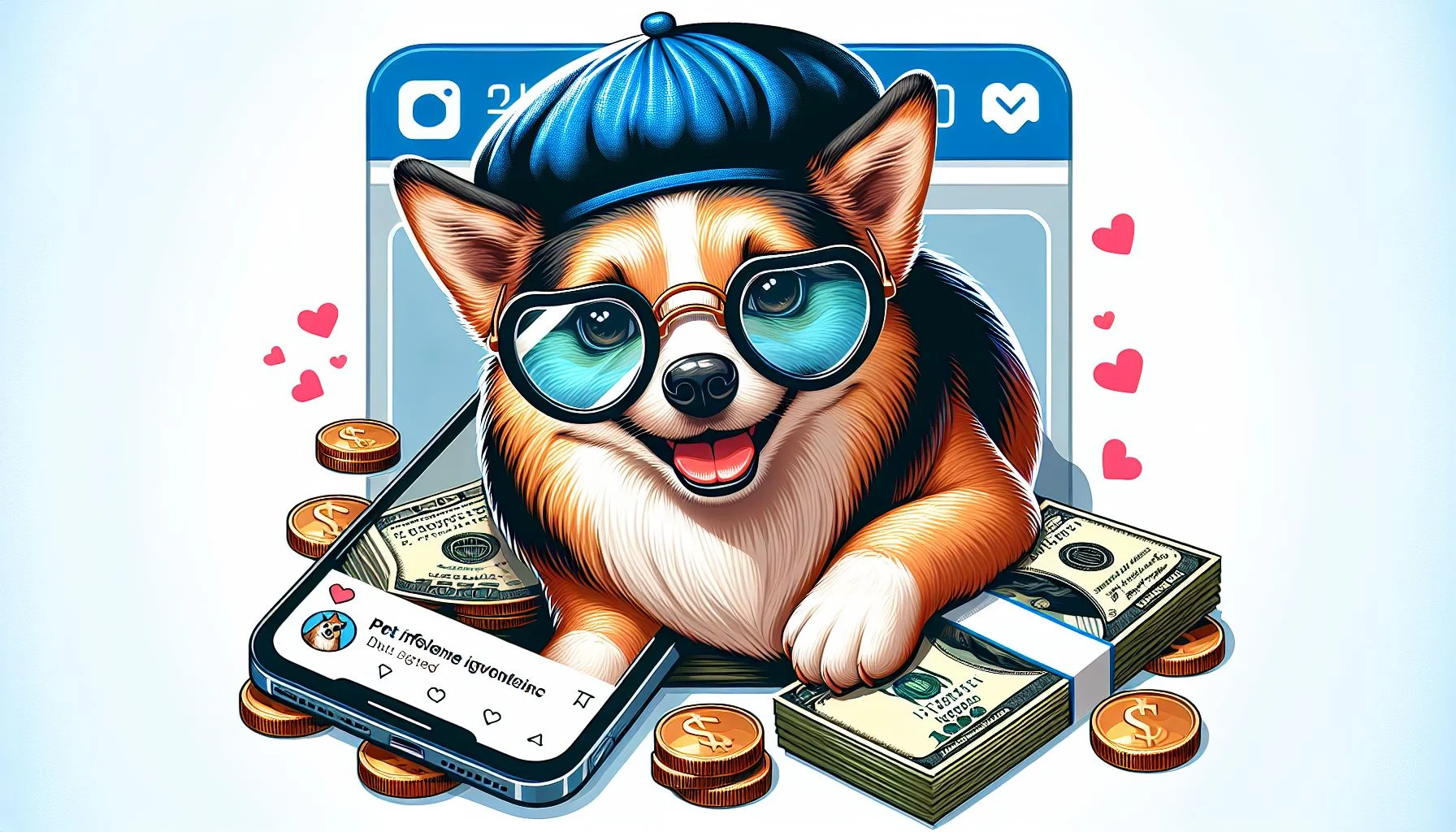 A pet influencer counting money earned from Instagram illustrated