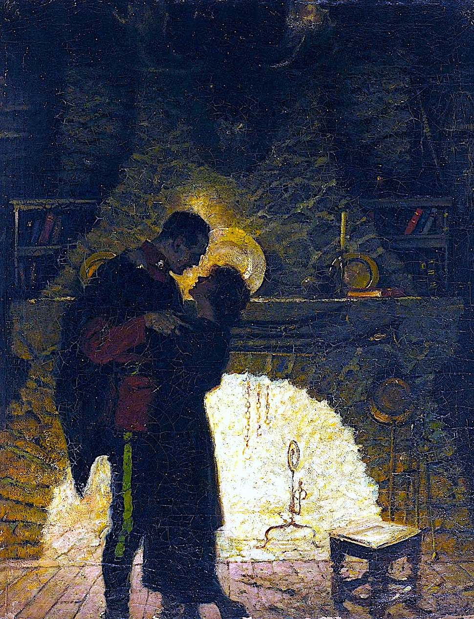 a Dean Cornwell illustration of a military officer kissing a woman in front of a burning fireplace