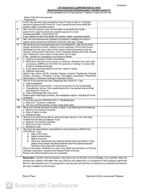 LIC of India - Nobel Virus (  COVID-19 ) Questionnaire ( Revised Version - 7 ) - March 2021