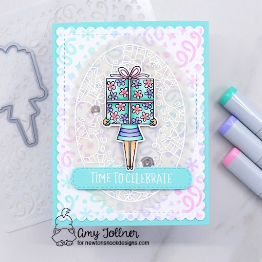 Time to celebrate by Amy features Holding Happiness, Birthday Roundabout, Birthday Oval, Confetti, Oval Frames, Frames & Flags, and Banner Trio by Newton's Nook Designs; #inkypaws, #newtonsnook, #birthdaycards, #cardmaking