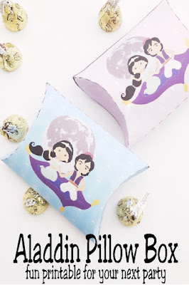 Print this easy and fun Aladdin pillow box for your next Aladdin party or Princess Jasmine party.  It's the perfect party decoration or party favor when filled with yummy treats for all your guests.  #aladdinparty #jasmineparty #princessjasmine #aladdinmovie #diypartymomblog