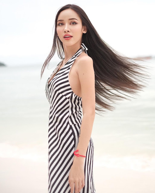 Saifhon – Most Beautiful Transgender in Black White Striped Dress on the Beach