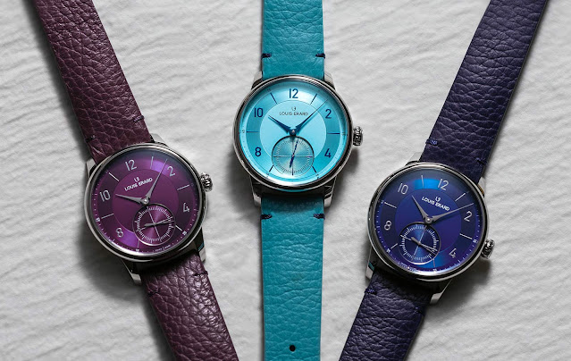 Louis Erard Excellence Petite Seconde in purple, ice blue and midnight blue