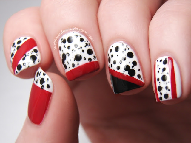 Disney Challenge 101 Dalmatians nail art Spellbound Nails Cruella de Vil red black white spots dog stripes skittle mani China Glaze Adventure Red-y