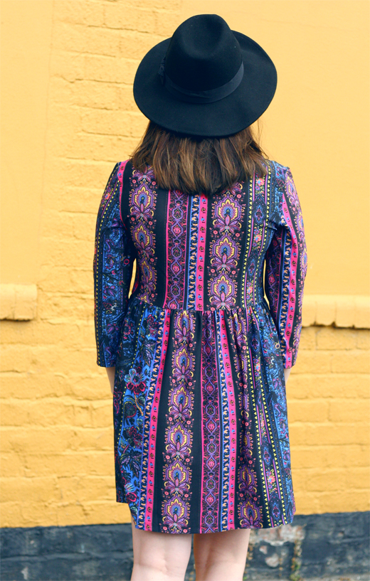 woollen hat, wide brim hat, hunter, floral dress, bright printed dress, hippy, hippie, antler necklace, 