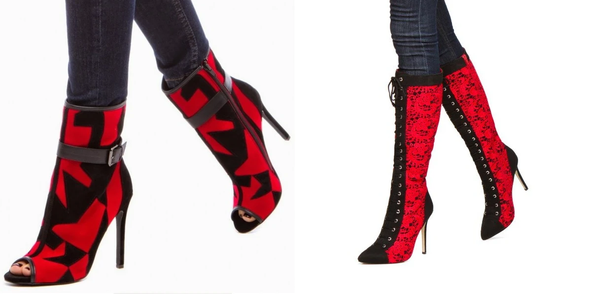 fashion collage with three red and black boots on high heels