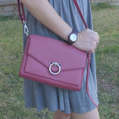 grey dress with Rebecca Minkoff Jean MAC bag in fig pink | awayfromtheblue