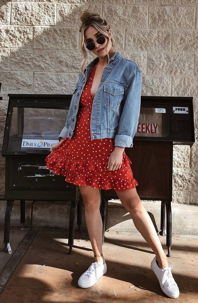how to wear a denim jacket : red polka dots dress and sneakers