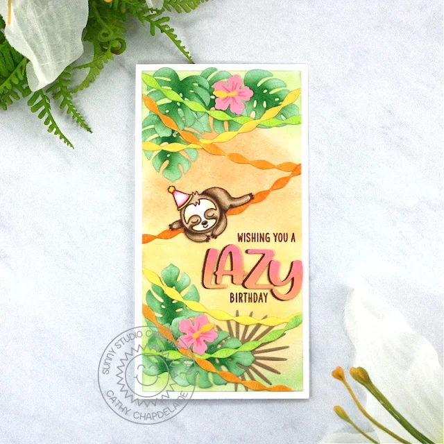 Sunny Studio Stamps: Crepe Paper Streamer Die Focused Birthday Cards by Cathy Chapdelaine (featuring Silly Sloths, Summer Greenery Dies)