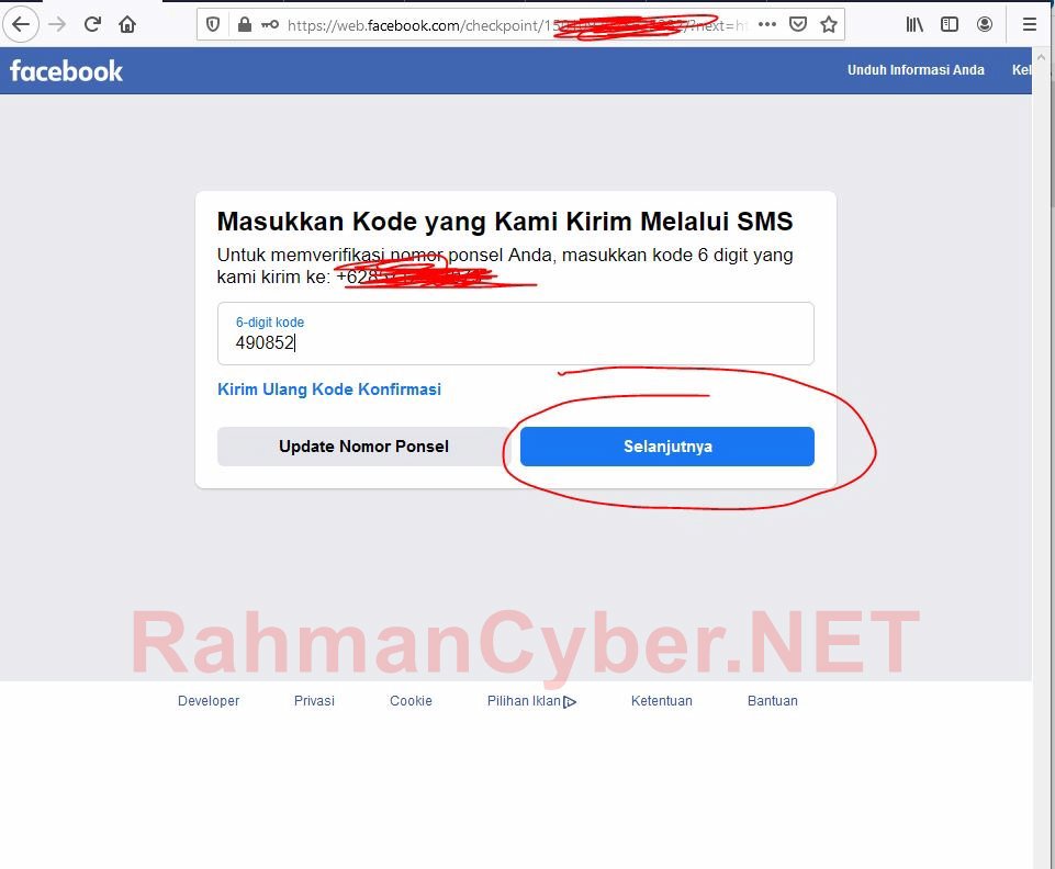 Masukkan kode verifikasi 6 digit dari ponsel yang dikirimkan facebook