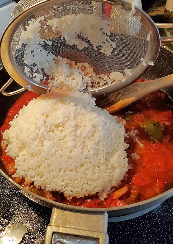 cooked rice stirred into a one pan skillet
