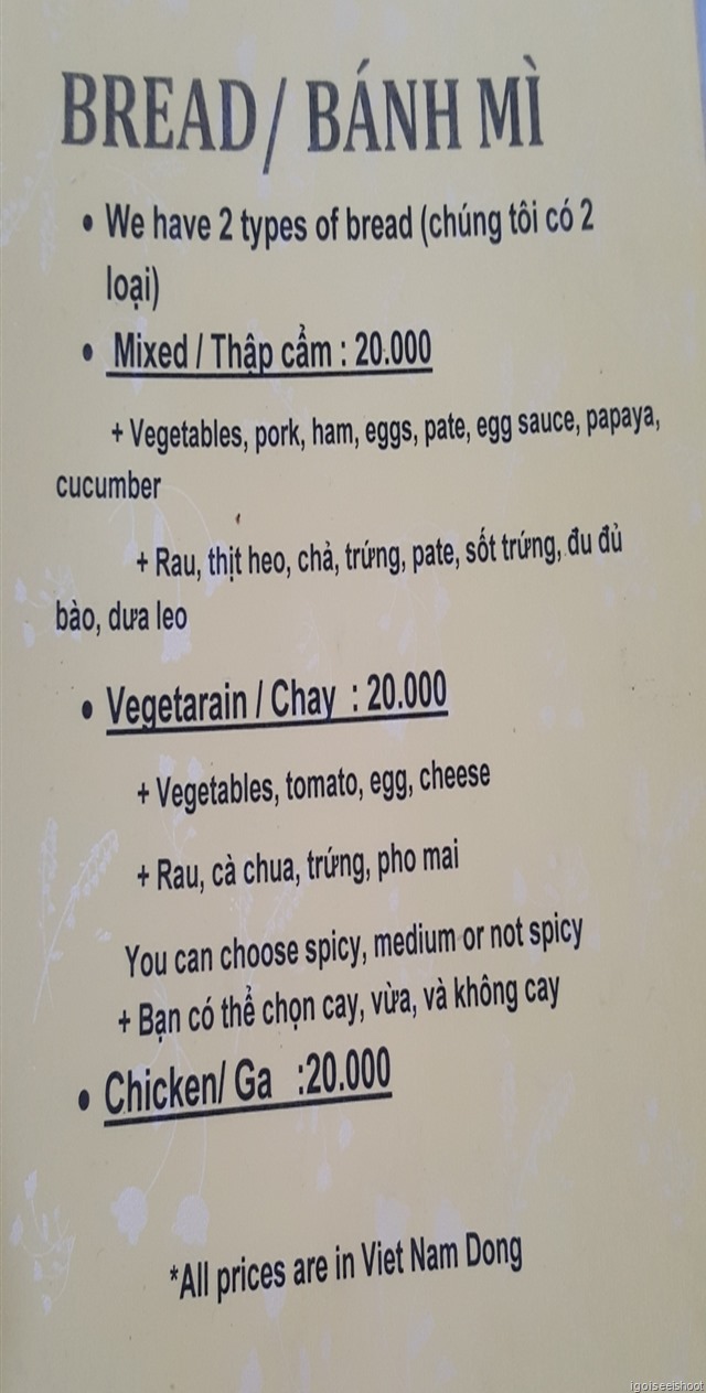 Menu at the Madam Khanh, the Banh Mi Queenm in Hoi An