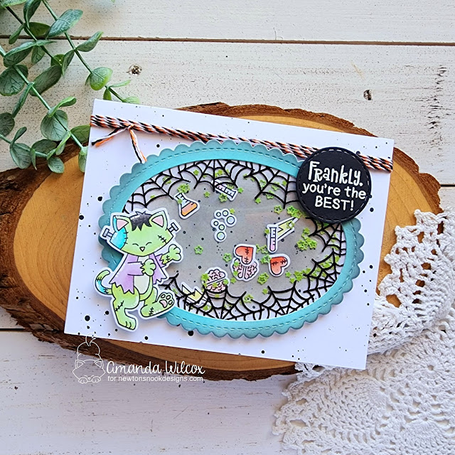 Frankenstein Kitty Card by Amanda Wilcox | Franken-Newton Stamp Set, Spiderweb Oval Stamp Set, Oval Frames Die Set and Circle Frames Die Set by Newton's Nook Designs #newtonsnook #handmade