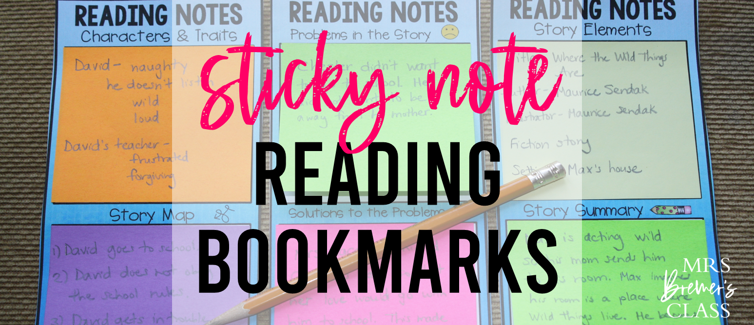 Sticky note reading bookmarks for comprehension notes during reading for Kindergarten, First Grade, Second Grade
