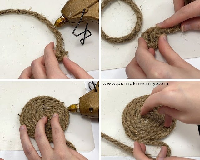 Gluing the rope together to create a circle for a rope bunny.