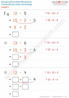 MamaLovePrint . Grade 1 Math Worksheets . Subtraction by Using Ten Strategy PDF Free Download