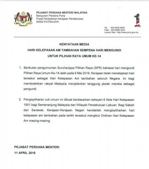 Hari Mengundi 9 Mei Hari Cuti Umum, Pakatan Harapan Tiada 