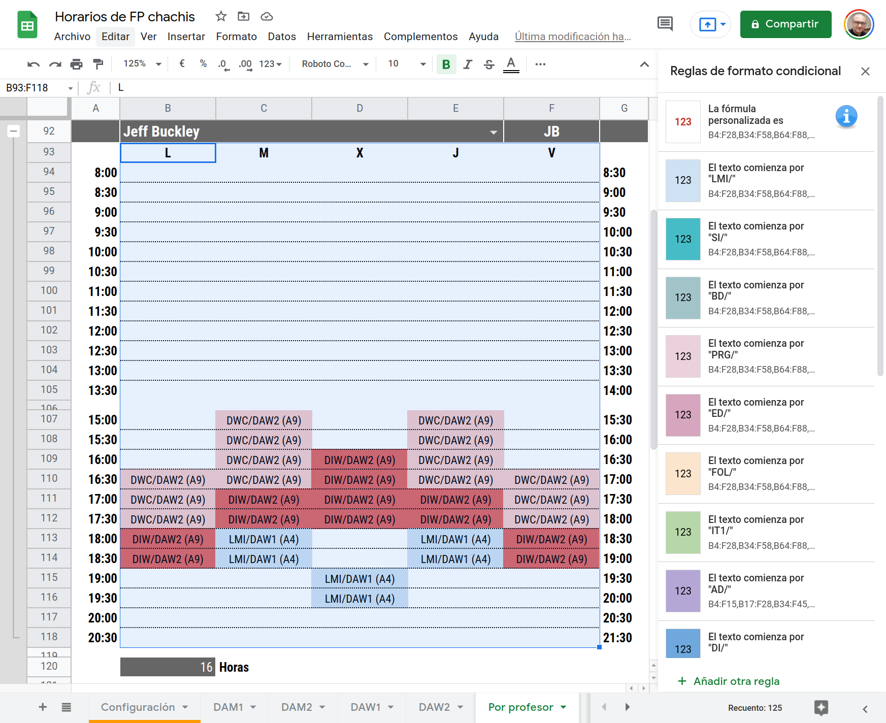 Reglas de formato condicional en los horarios de los docentes