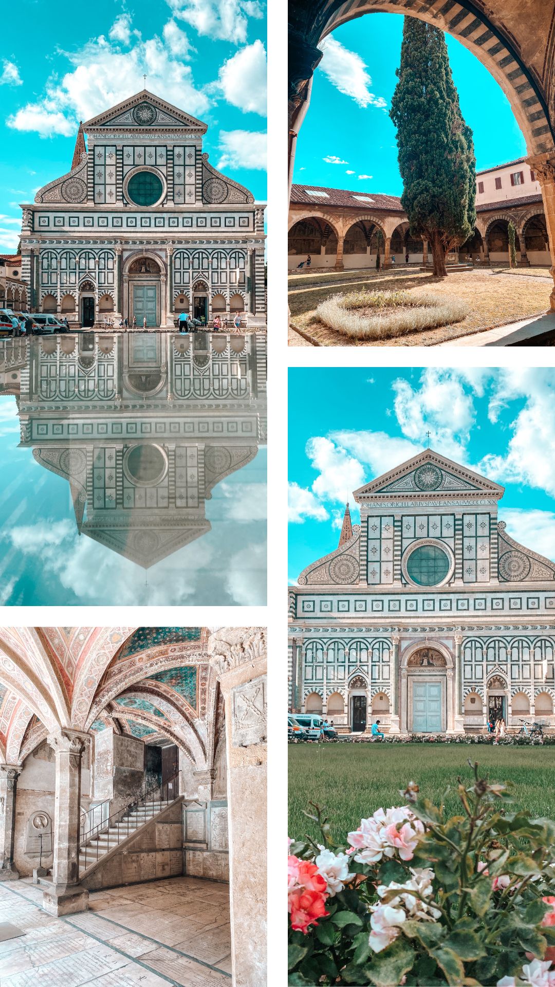 en haut à gauche et en bas à droite deux photos de l'architecture extérieure de la basilique santa maria novella à Florence et en haut à droite et en bas à gauche deux photographies de l'intérieur de la basilique santa maria novella