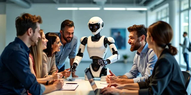 People and a robot collaborating in an office.