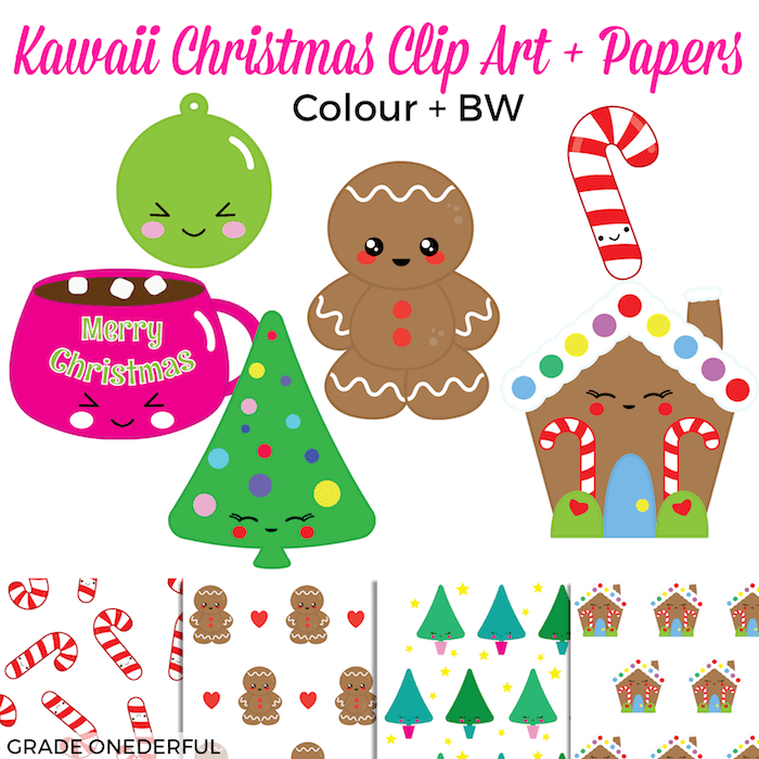 Kawaii Christmas Clip Art. 18 adorable colour and black/white images plus 4 super cute papers. #gradeonederful #kawaiiclipart #kawaiichristmas #christmasclipart