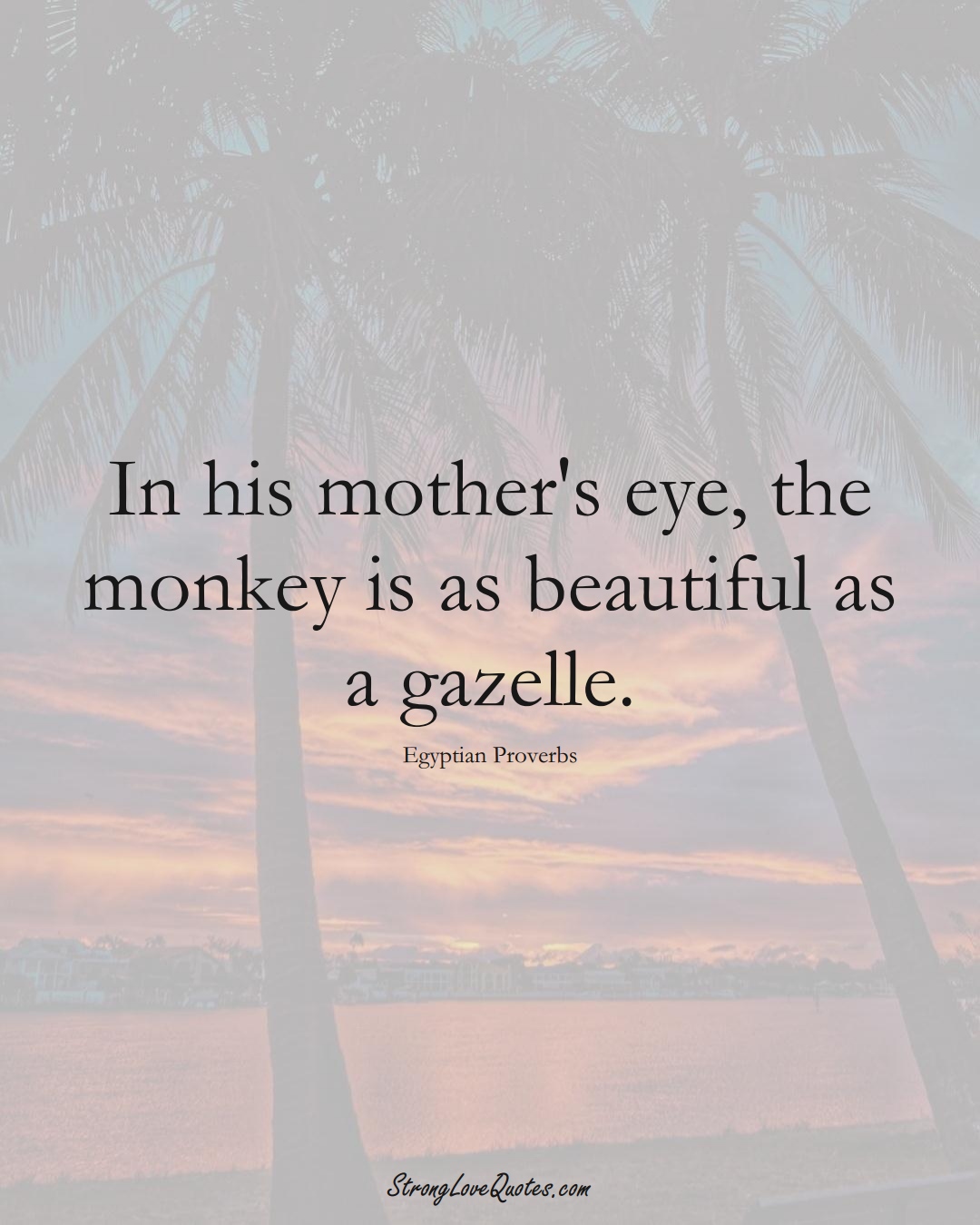 In his mother's eye, the monkey is as beautiful as a gazelle. (Egyptian Sayings);  #MiddleEasternSayings