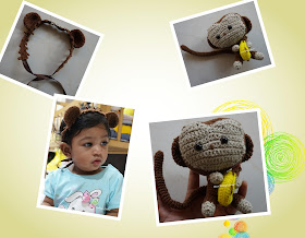 free crochet monkey with banana amigurumi pattern, free crochet monkey with banana stuff toy pattern, free crochet monkey ears headband pattern