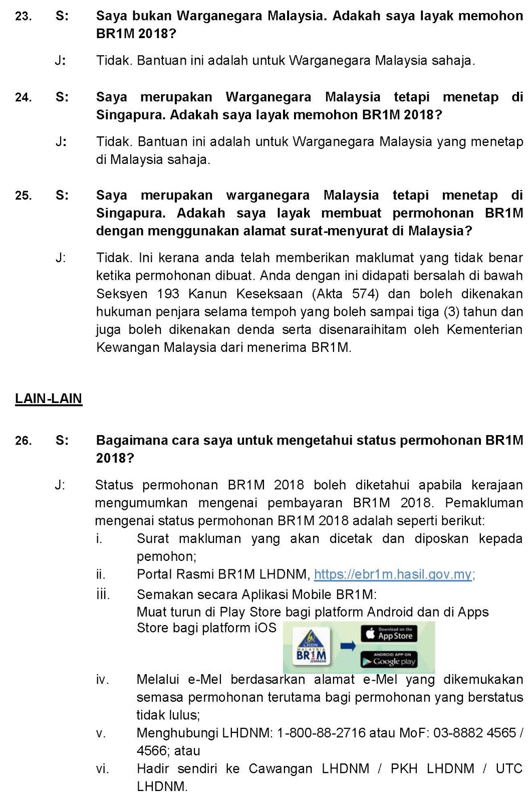 SOALAN LAZIM (FAQ) BANTUAN RAKYAT 1MALAYSIA (BR1M) 2018 