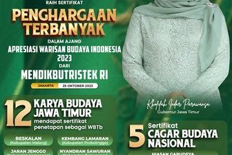  Pemprov Jatim Raih AWBI 2023, Gubernur Khofifah: Alhamdulillah, Jatim Memperoleh  5 Sertifikat Cagar Budaya dan 12 Sertifikat Penetapan WBTB Indonesia