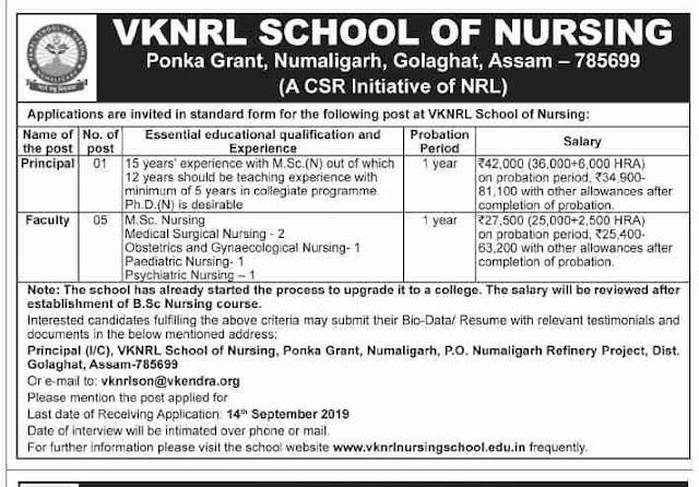 Vacancy details for VKNRL School of Nursing Recruitment 2019